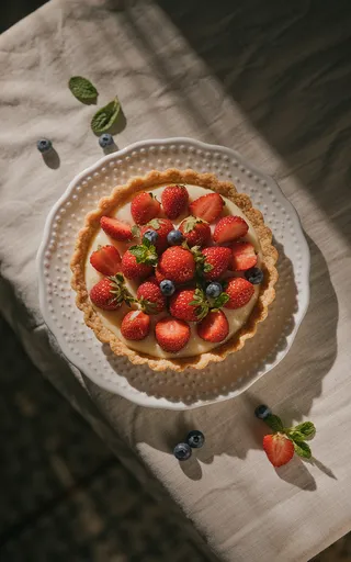 A fruit tart topped with fresh strawberries, blueberries, and mint leaves on a white plate under dramatic and cinematic lighting at a tilted angle.