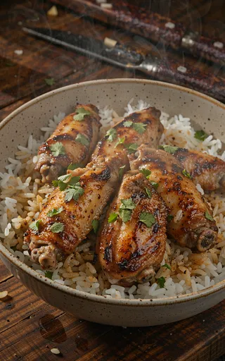 Honey BBQ chicken wings served on a bed of seasoned rice with fresh cilantro leaves, steaming hot with cinematic and dramatic lighting from a tilted angle.