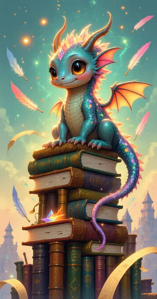 A charming baby dragon with big eyes and a crystalline kaleidoscopic tail sits atop a tower of ornate, colorful books surrounded by floating feathers and magical scrolls under a glowing sky.
