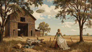Cuban female ethereal ghost in a summer farming landscape near a rustic barn, with a large flying saucer UFO visible in the cloudy sky.