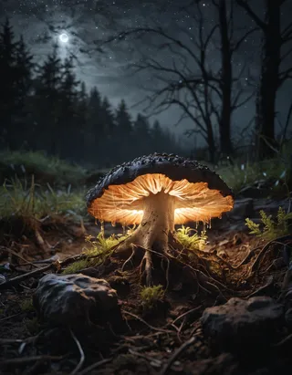 A photorealistic glowing fungus growing on contaminated ground in a dark forest illuminated by cinematic moonlight and a starry sky at night.