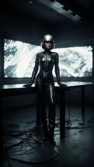 A confident future woman wearing a sleek black metallic bodysuit and silver helmet stands in a dimly lit room with glowing screens displaying code and wires scattered on the floor.