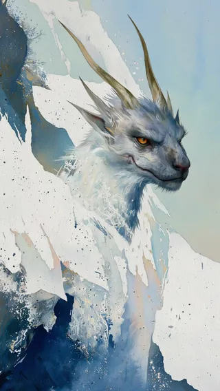 A fantasy dragon head with grayish fur and sharp horns, set against a background of blue and white tones with impressionist and collage style brush strokes.