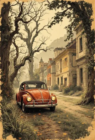 A vintage red car parked on a dirt road lined with autumn leaves and tall trees, with classic 1920s-1970s architecture buildings in sepia tones in the background.