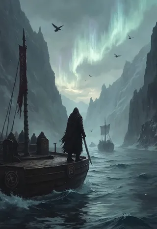 A cloaked warrior with a sword stands on the prow of a weathered drakkar ship drifting through stormy Nordic fjords beneath a vivid aurora borealis sky with ravens circling above.