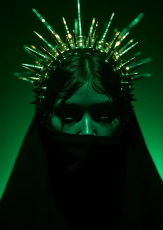 A woman with a black veil covering her face except for her eyes, wearing a spiked crown, set against a dark green background with green hologram lights.