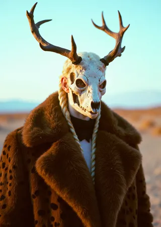Portrait of an albino man wearing an intricate deer skull headdress and an oversized leopard print faux-fur coat, with braided hair in a vast arid landscape under a pale blue sky, lit by soft golden hour light.