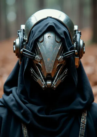 Front-facing android humanoid wearing a weathered metal cyberpunk helmet with sculpted faceplate, covered in black robes with visible wires and cables, captured in hyperrealistic photography style.