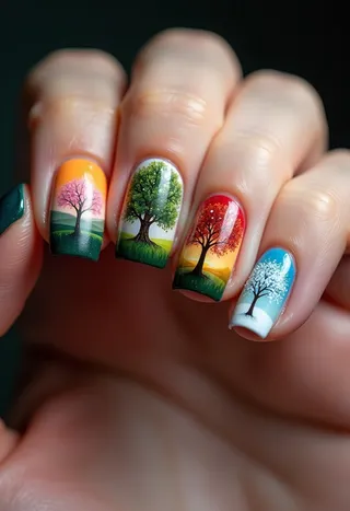 Close-up of hand with four nails painted with detailed miniature German oak trees representing the four seasons: spring with pink flowers, summer with bright green leaves, autumn with red leaves, and winter with snow.