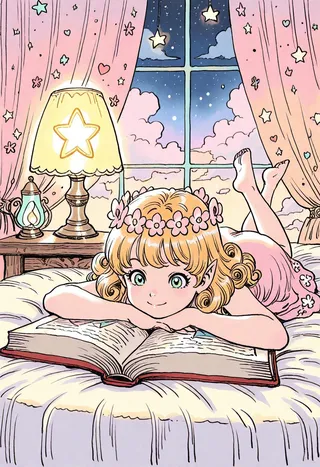 Young girl with a floral crown and pink dress lying on a large book on a cozy bed, surrounded by starry curtains and a glowing star lamp under a twilight sky.