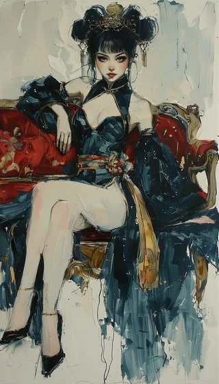 Semi-realistic anime woman dressed in a revealing dark Chinese outfit, sitting on an ornate red couch, depicted with expressive brushstrokes and abstract painting style.