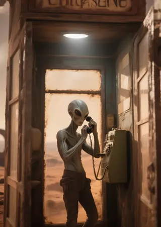 A hyperdetailed alien standing inside a vintage telephone booth on Mars, holding the handset to its ear in a cinematic 35mm-style photo with bokeh effects.