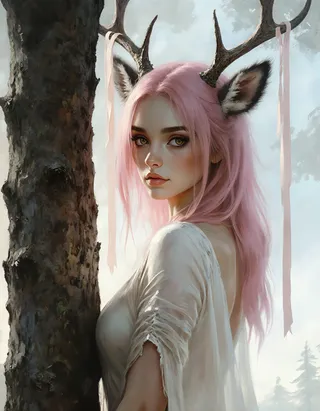 A graceful deer woman with pink hair, delicate antlers adorned with ribbons, fur-trimmed ears, and luminous eyes peers from behind a birch tree in soft midday light.