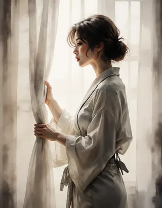 Bashful woman standing behind a sheer white curtain, silhouette softly revealed by backlighting, gently parting the fabric with delicate volumetric light in ink wash painting style.