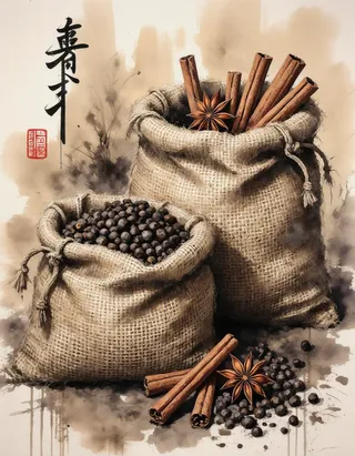 Two burlap sacks filled with cinnamon sticks, star anise, and black pepper rendered in a detailed ink wash painting style with an exotic, traditional aesthetic.