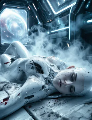 Photorealistic image of a broken humanoid cyborg female with a damaged white synthetic body, lying on the floor of a futuristic spaceship surrounded by ethereal neon blue fog.