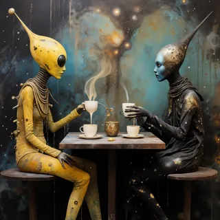Two stylized aliens facing each other at a cosmic coffee shop table, rendered in encaustic paint style with surreal, space-themed background.