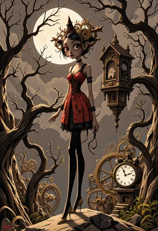 A Victorian gothic woman with elongated limbs stands in a moonlit twisted forest, adorned with steampunk gears on her head and surrounded by clocks and mechanical gears.