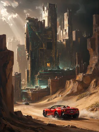 A red convertible sports car speeds along a winding desert road towards a towering futuristic city with art deco skyscrapers illuminated by neon accents under a dramatic chiaroscuro twilight sky.